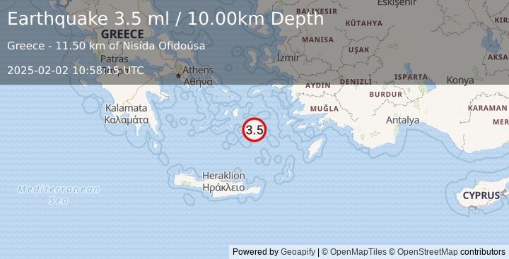 Earthquake DODECANESE ISLANDS, GREECE (3.5 ml) (2025-02-02 10:58:15 UTC)