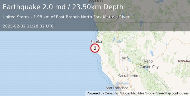 Earthquake NORTHERN CALIFORNIA (2.0 md) (2025-02-02 11:28:02 UTC)