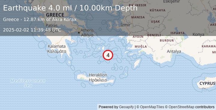 Earthquake DODECANESE ISLANDS, GREECE (4.0 ml) (2025-02-02 11:39:48 UTC)