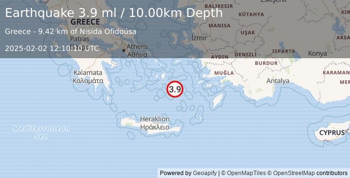 Earthquake DODECANESE ISLANDS, GREECE (3.9 ml) (2025-02-02 12:10:10 UTC)