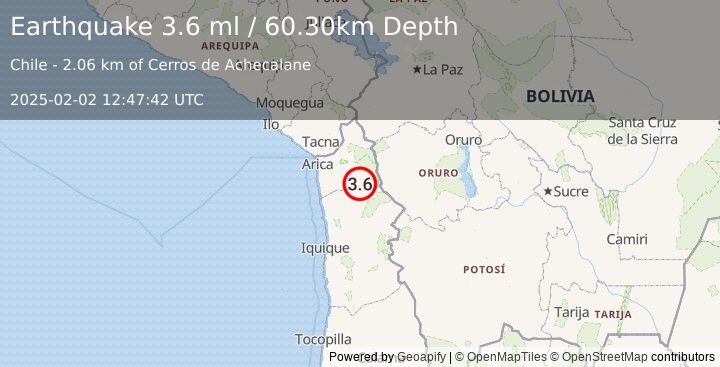 Earthquake TARAPACA, CHILE (3.6 ml) (2025-02-02 12:47:42 UTC)