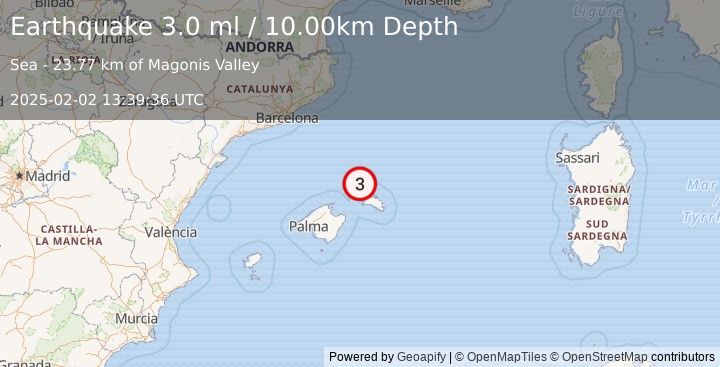 Earthquake BALEARIC ISLANDS, SPAIN (2.9 ml) (2025-02-02 13:39:40 UTC)