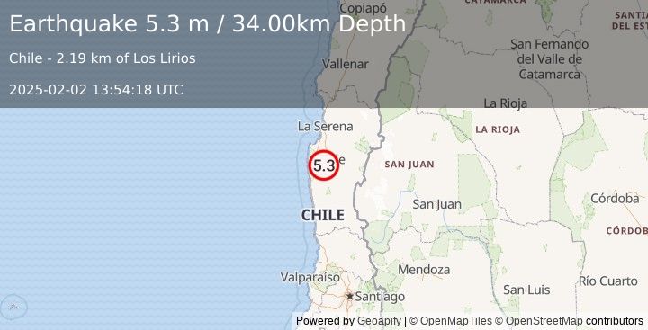 Earthquake COQUIMBO, CHILE (5.2 mb) (2025-02-02 13:54:16 UTC)