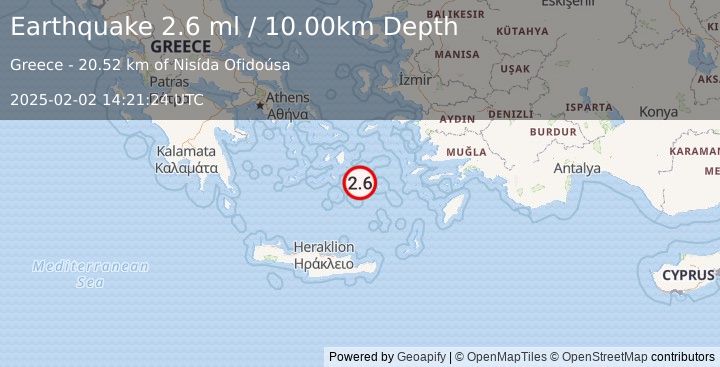 Earthquake DODECANESE ISLANDS, GREECE (2.6 ml) (2025-02-02 14:21:24 UTC)