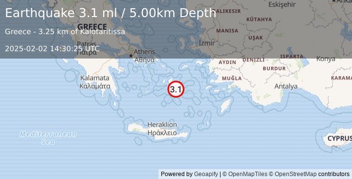 Earthquake DODECANESE ISLANDS, GREECE (3.0 ml) (2025-02-02 14:31:21 UTC)