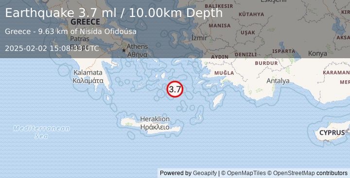 Earthquake DODECANESE ISLANDS, GREECE (3.7 ml) (2025-02-02 15:08:36 UTC)