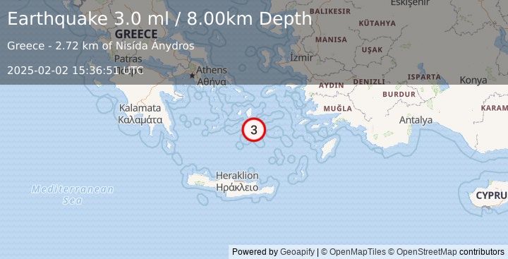 Earthquake DODECANESE ISLANDS, GREECE (3.0 ml) (2025-02-02 15:36:51 UTC)