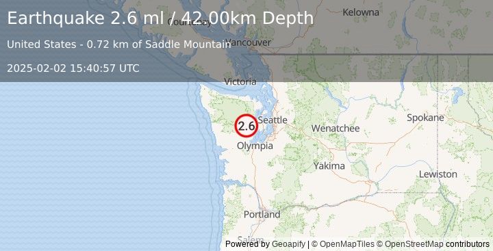 Earthquake OLYMPIC PENINSULA, WASHINGTON (2.6 ml) (2025-02-02 15:40:57 UTC)