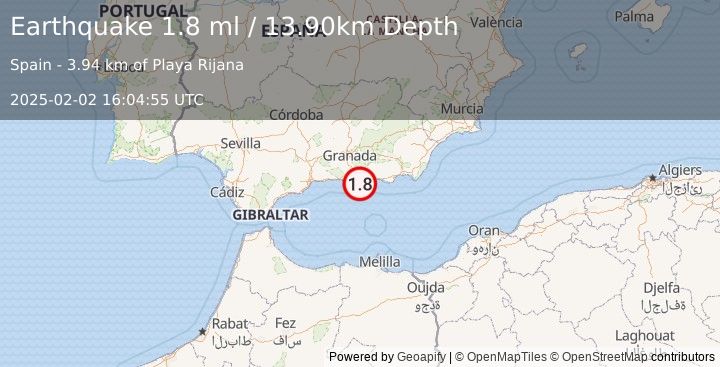 Earthquake STRAIT OF GIBRALTAR (1.8 ml) (2025-02-02 16:04:55 UTC)