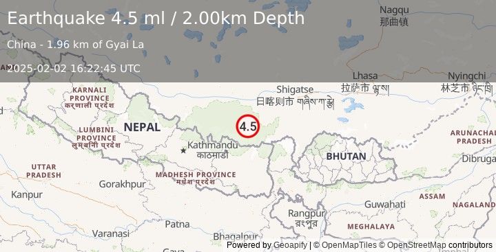 Earthquake WESTERN XIZANG (4.5 ml) (2025-02-02 16:22:45 UTC)