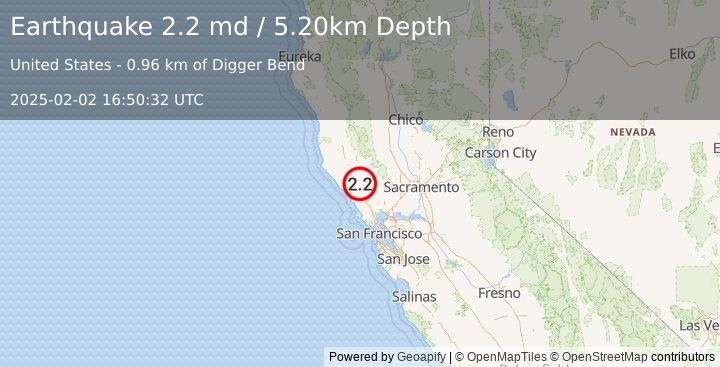 Earthquake NORTHERN CALIFORNIA (2.2 md) (2025-02-02 16:50:32 UTC)