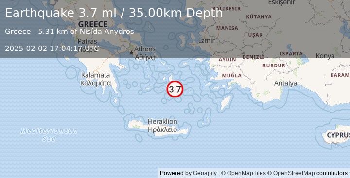 Earthquake DODECANESE ISLANDS, GREECE (3.7 ml) (2025-02-02 17:04:17 UTC)