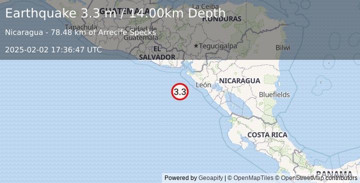 Earthquake NEAR COAST OF NICARAGUA (3.3 m) (2025-02-02 17:36:47 UTC)