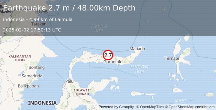 Earthquake MINAHASA, SULAWESI, INDONESIA (2.7 m) (2025-02-02 17:50:13 UTC)