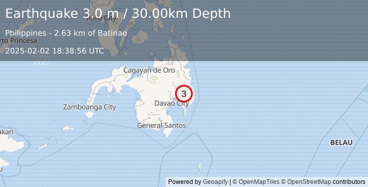 Earthquake MINDANAO, PHILIPPINES (3.0 m) (2025-02-02 18:38:56 UTC)