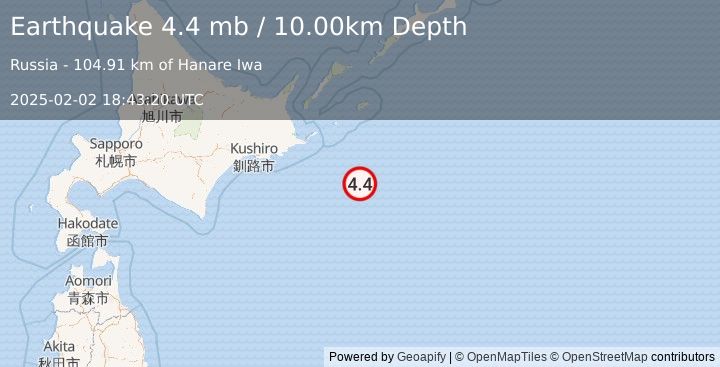 Earthquake OFF COAST OF HOKKAIDO, JAPAN (4.4 mb) (2025-02-02 18:43:20 UTC)