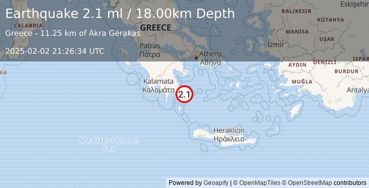 Earthquake SOUTHERN GREECE (2.1 ml) (2025-02-02 21:26:34 UTC)