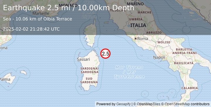 Earthquake TYRRHENIAN SEA (2.5 ml) (2025-02-02 21:28:42 UTC)