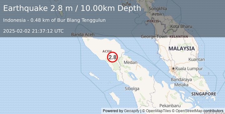 Earthquake NORTHERN SUMATRA, INDONESIA (2.8 m) (2025-02-02 21:37:12 UTC)