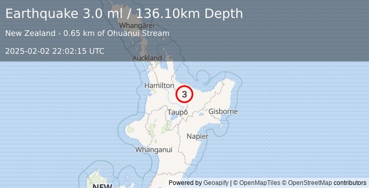 Earthquake NORTH ISLAND OF NEW ZEALAND (3.0 ml) (2025-02-02 22:02:15 UTC)