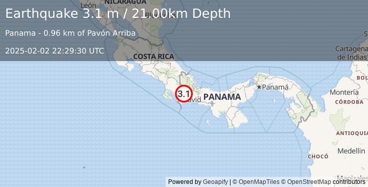 Earthquake PANAMA-COSTA RICA BORDER REGION (3.1 m) (2025-02-02 22:29:30 UTC)