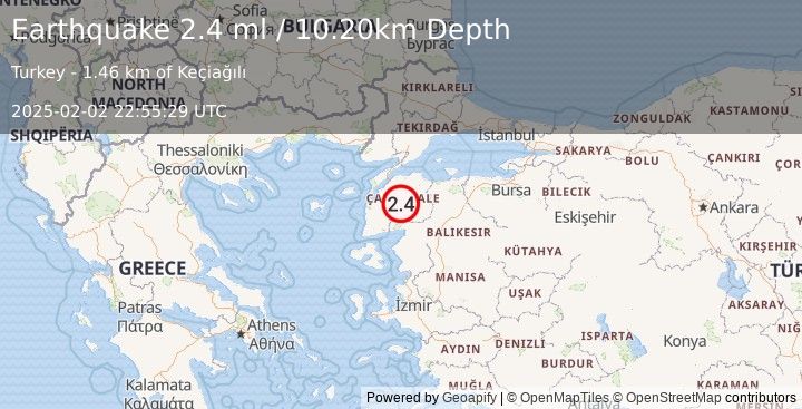 Earthquake NEAR THE COAST OF WESTERN TURKEY (2.4 ml) (2025-02-02 22:55:29 UTC)