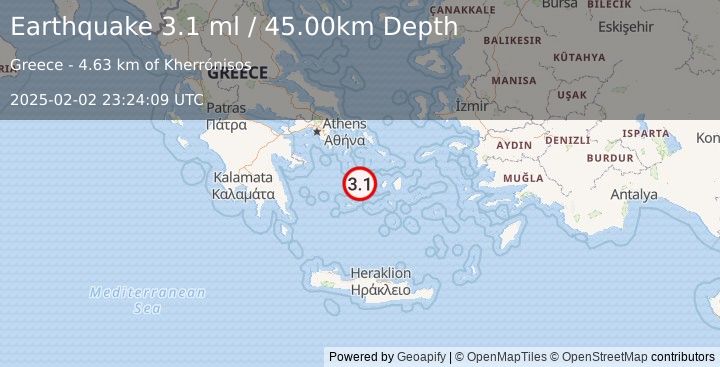 Earthquake SOUTHERN GREECE (3.1 ml) (2025-02-02 23:24:09 UTC)