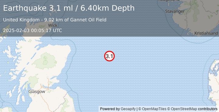 Earthquake NORTH SEA (3.1 ml) (2025-02-03 00:05:17 UTC)