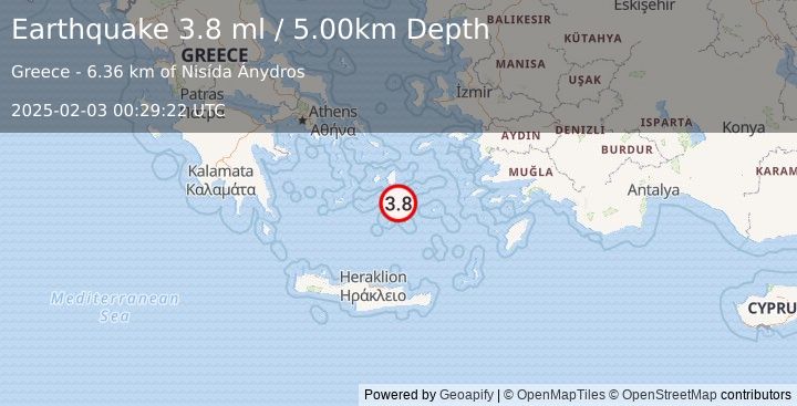 Earthquake DODECANESE ISLANDS, GREECE (3.8 ml) (2025-02-03 00:29:22 UTC)