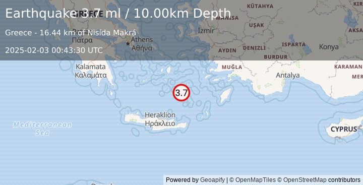 Earthquake DODECANESE ISLANDS, GREECE (3.9 ml) (2025-02-03 00:43:35 UTC)