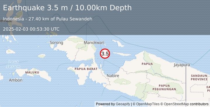 Earthquake NEAR N COAST OF PAPUA, INDONESIA (3.5 m) (2025-02-03 00:53:30 UTC)