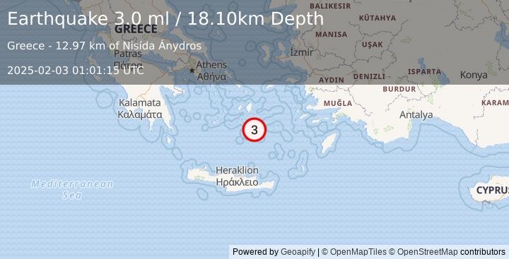 Earthquake DODECANESE ISLANDS, GREECE (3.0 ml) (2025-02-03 01:01:15 UTC)