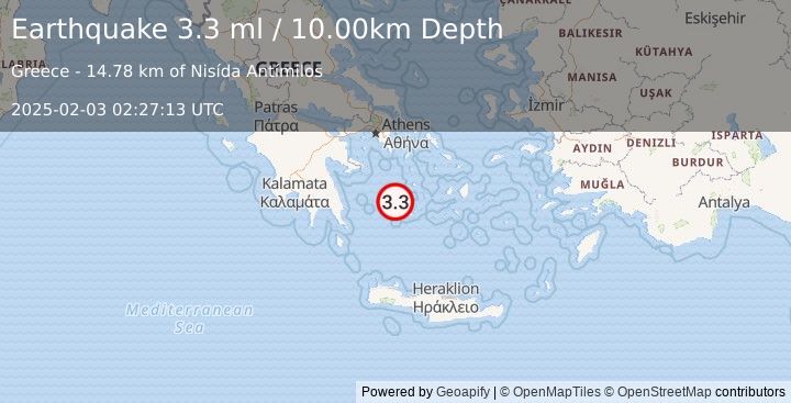 Earthquake SOUTHERN GREECE (3.3 ml) (2025-02-03 02:27:13 UTC)