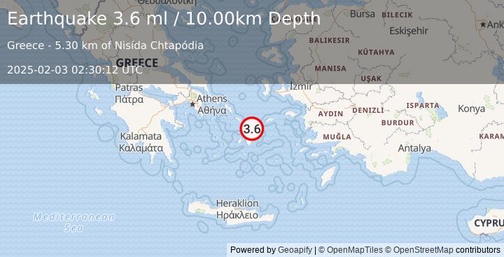 Earthquake DODECANESE ISLANDS, GREECE (3.6 ml) (2025-02-03 02:30:12 UTC)