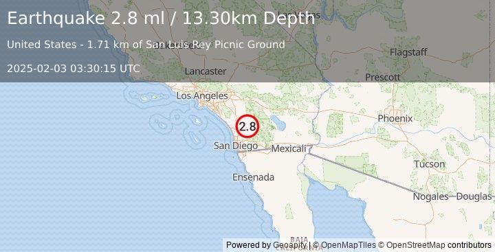 Earthquake SOUTHERN CALIFORNIA (2.8 ml) (2025-02-03 03:30:15 UTC)