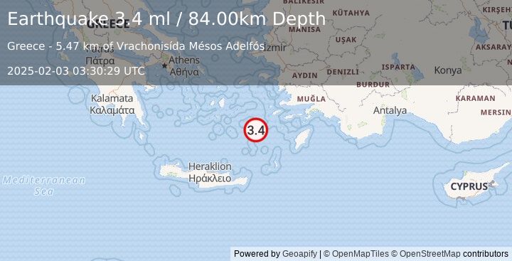 Earthquake DODECANESE ISLANDS, GREECE (3.3 ml) (2025-02-03 03:31:13 UTC)