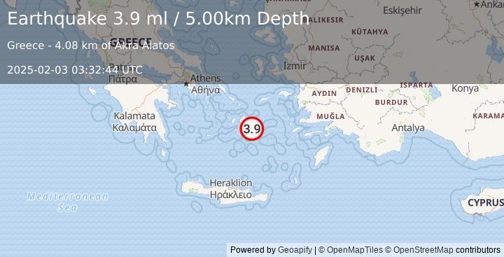 Earthquake DODECANESE ISLANDS, GREECE (3.9 ml) (2025-02-03 03:32:44 UTC)