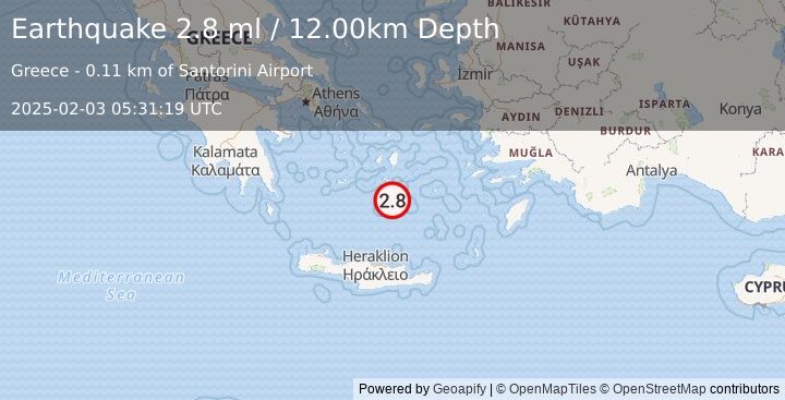 Earthquake DODECANESE ISLANDS, GREECE (2.8 ml) (2025-02-03 05:31:19 UTC)