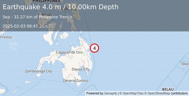 Earthquake MINDANAO, PHILIPPINES (4.0 m) (2025-02-03 06:47:20 UTC)