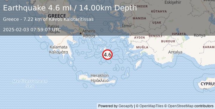 Earthquake DODECANESE ISLANDS, GREECE (4.9 ml) (2025-02-03 07:59:08 UTC)