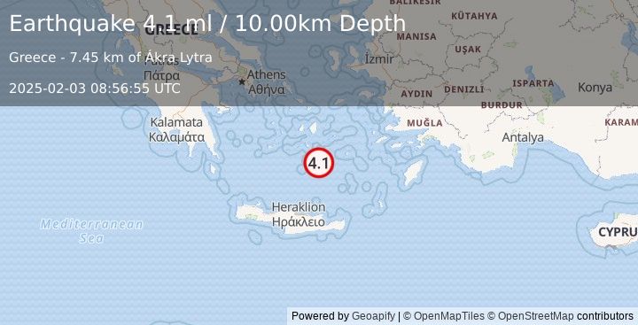 Earthquake DODECANESE ISLANDS, GREECE (4.0 ml) (2025-02-03 08:56:52 UTC)