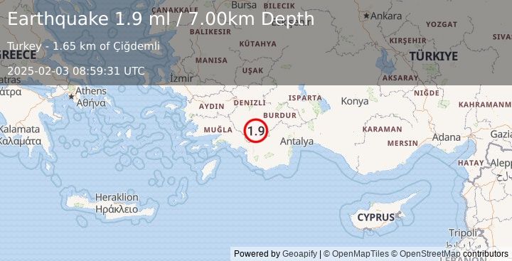 Earthquake WESTERN TURKEY (1.9 ml) (2025-02-03 08:59:31 UTC)