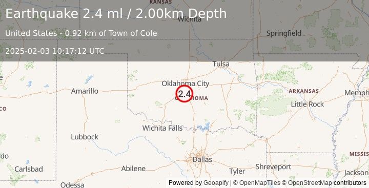 Earthquake OKLAHOMA (2.4 ml) (2025-02-03 10:17:12 UTC)