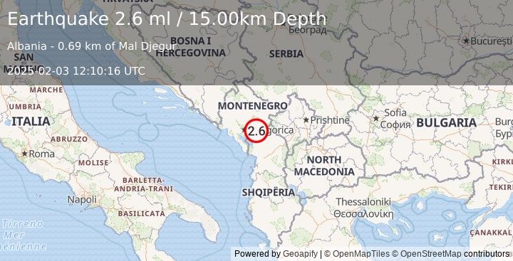 Earthquake ALBANIA (2.6 ml) (2025-02-03 12:10:16 UTC)