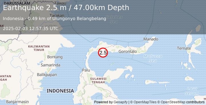 Earthquake MINAHASA, SULAWESI, INDONESIA (2.5 m) (2025-02-03 12:57:35 UTC)