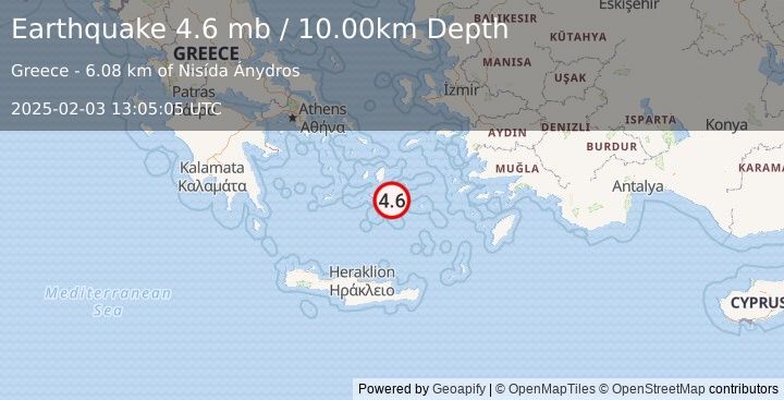 Earthquake DODECANESE ISLANDS, GREECE (4.4 ml) (2025-02-03 13:05:04 UTC)