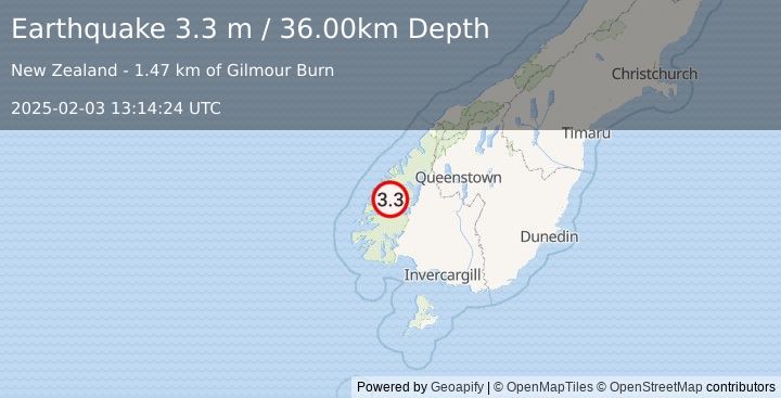 Earthquake SOUTH ISLAND OF NEW ZEALAND (3.3 m) (2025-02-03 13:14:24 UTC)