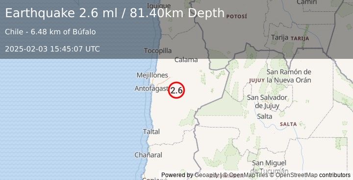 Earthquake ANTOFAGASTA, CHILE (2.6 ml) (2025-02-03 15:45:07 UTC)