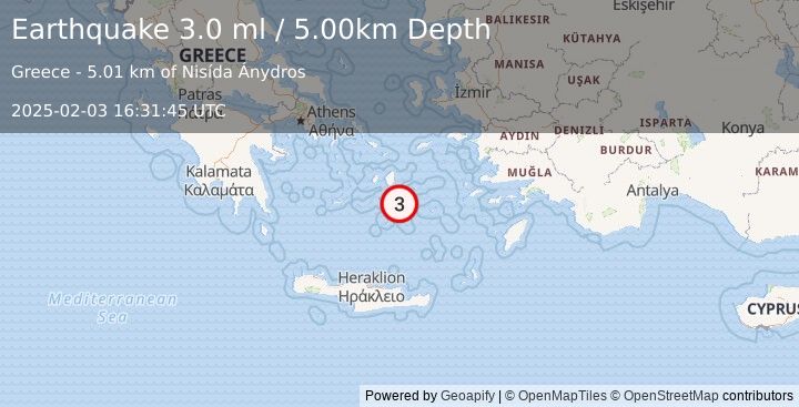 Earthquake DODECANESE ISLANDS, GREECE (3.0 ml) (2025-02-03 16:31:45 UTC)