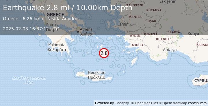 Earthquake DODECANESE ISLANDS, GREECE (2.8 ml) (2025-02-03 16:37:12 UTC)